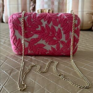 Embroidered Pink Leaf Clutch with Gold Chain Strap